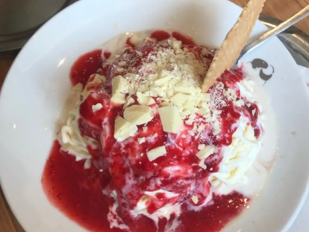 Ein Spaghettieis von Gelateria Arnoldo aus Vanilleeis mit Himbeersauce..