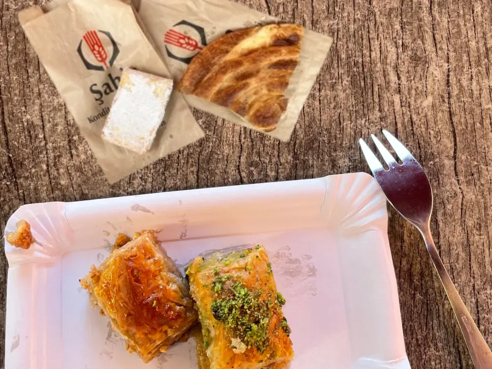 Auf dem Bild sind Baklava und Börek zu sehen. 