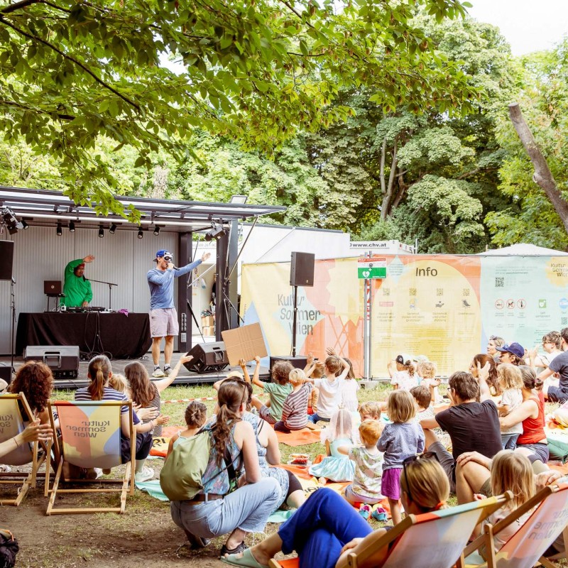 Foto: Judith Stehlik Brudi & Bär performen auf der Kultursommer-Bühne im Waldmüllerpark. Sie tragen Tiermasken. 