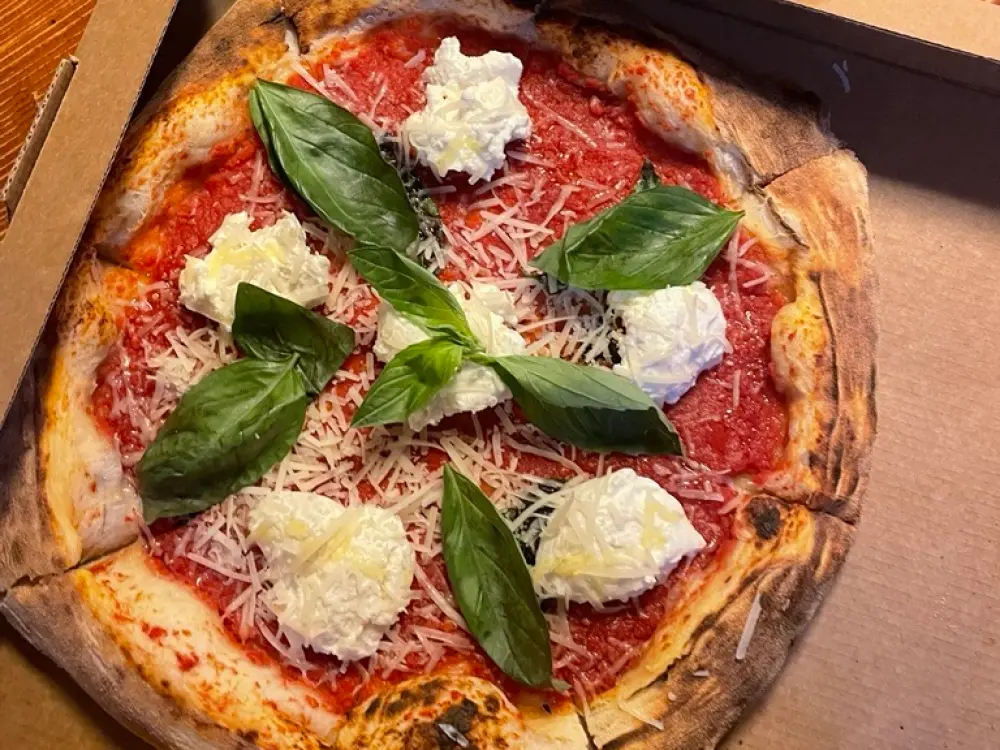 Auf dem Foto sieht man eine Pizza mit Mozarella und Basilikum. 