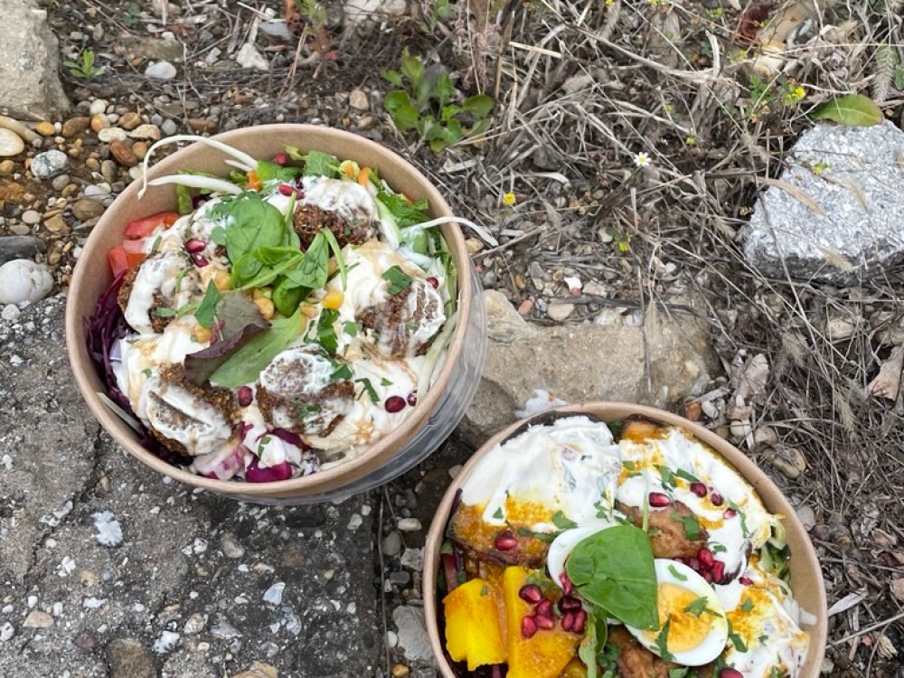 zwei Bowls mit Hummus, Falafel, Gemüse